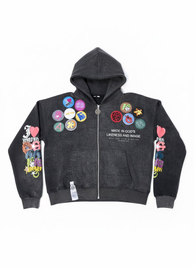 "All Given Studios 'Likeness & Image' Graffiti Badge Zip-Up Hoodie - Limited Edition"